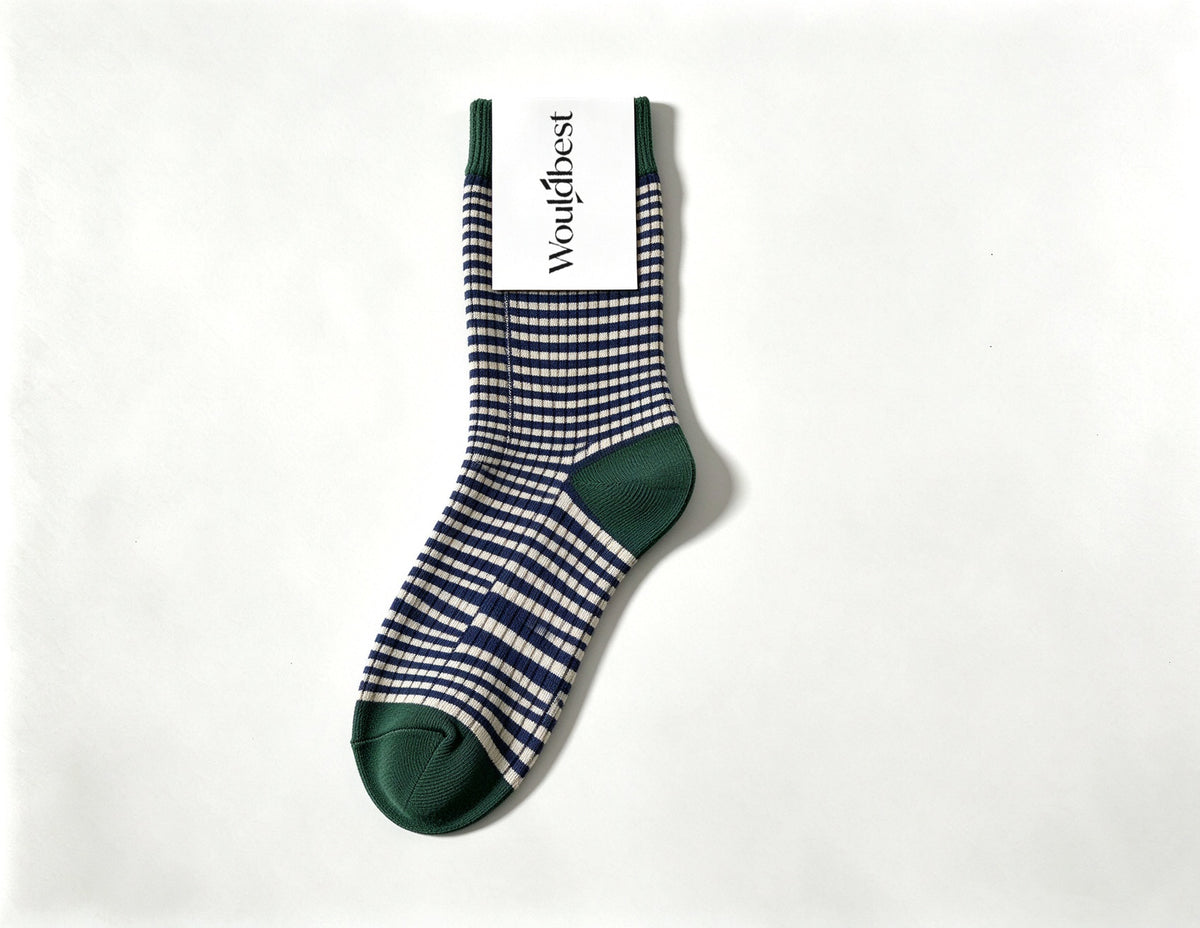 Wouldbest Women Striped Crew Socks, Retro Color Block Mid Calf Socks, Soft Breathable Casual Knit Socks for Daily Wear