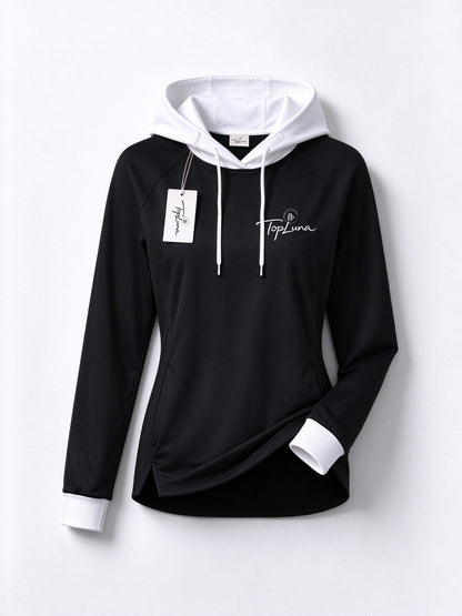 TopLuna Women Color Block Hoodie, Slim Fit Long Sleeve Pullover Hooded Sweatshirt, Black White Contrast Hoodie with Drawstring for Sports Casual Wear