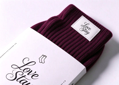 Love Stay Ribbed Crew Socks for Women, Soft Warm Mid Calf Socks, Casual Knit Socks with Leather Label