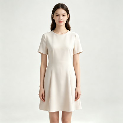 Dreamtalk Women Round Neck Short Sleeve A-Line Mini Dress, Elegant Office Work Business Casual Dress, Soft Wrinkle Resistant Flared Skirt Dress for Daily Interview Dating