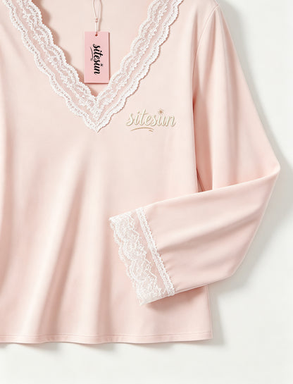 sitesun Women's Long Sleeve Sleepwear Top, Soft Lace V-Neck Nightshirt with Embroidery, Lightweight Loungewear Top for Ladies