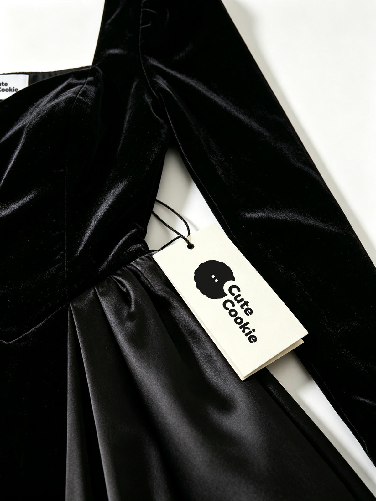 Cute Cookie Women's Long Sleeve Velvet Satin Midi Dress, Square Neck Corset Waist A-Line Cocktail Party Dress, Black Formal Dress for Wedding Guest