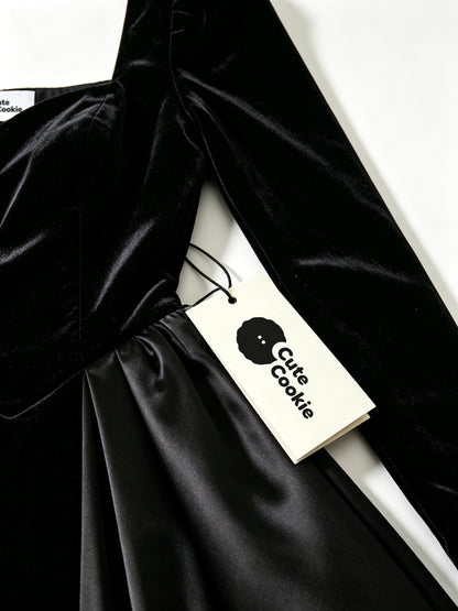 Cute Cookie Women's Long Sleeve Velvet Satin Midi Dress, Square Neck Corset Waist A-Line Cocktail Party Dress, Black Formal Dress for Wedding Guest