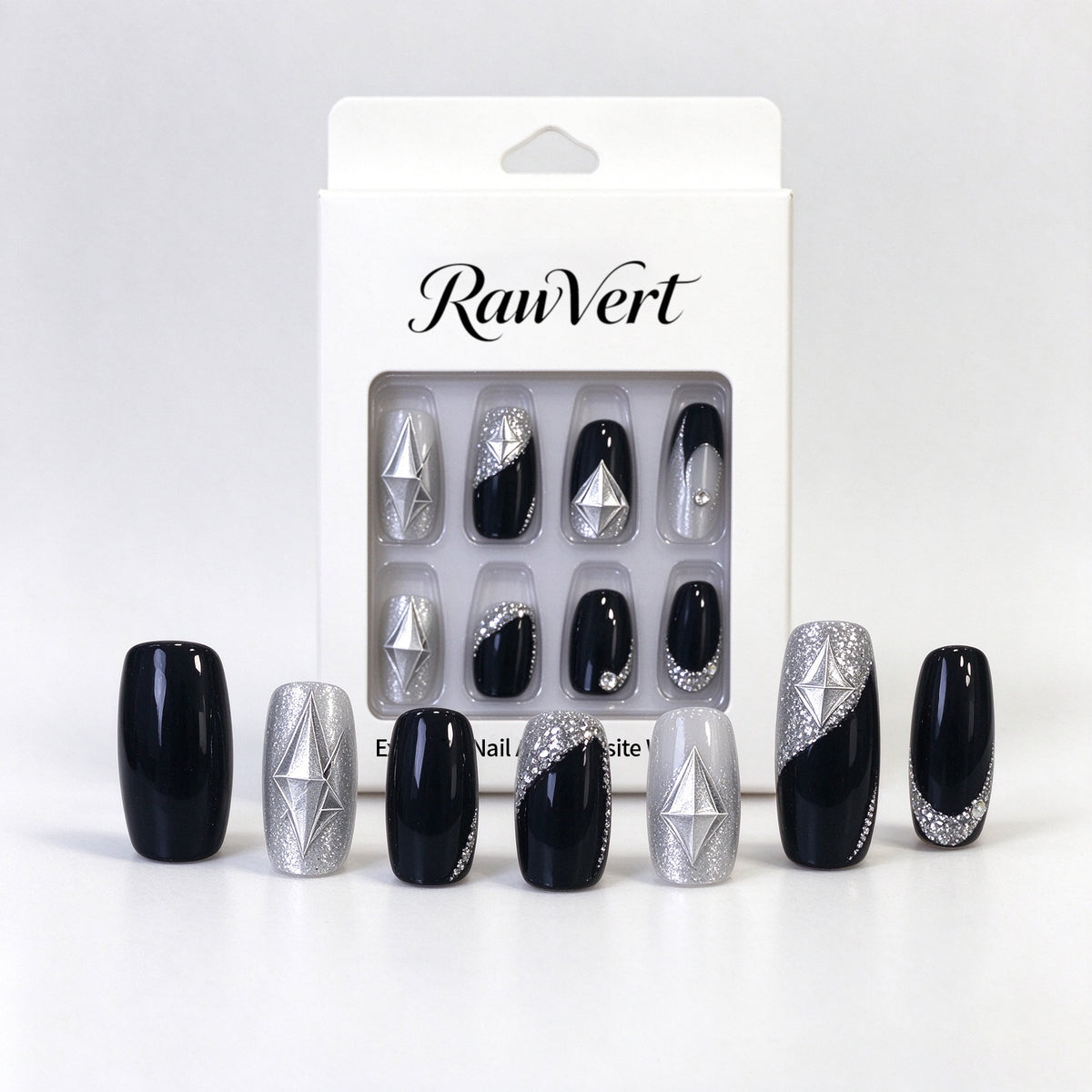 RawVert False Nails, Medium Coffin Fake Nails, Black Silver Glitter False Nails with 3D Silver Star Diamond Charms, Reusable Stick On False Nails for Women Nail Art