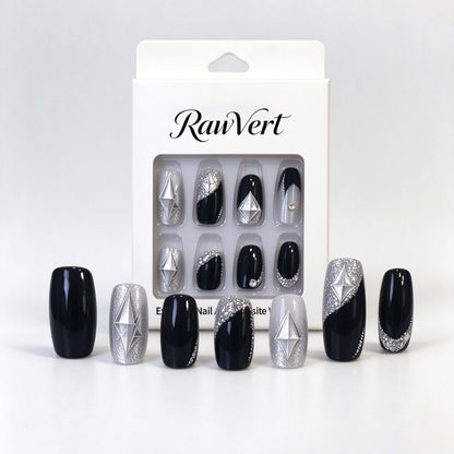 RawVert False Nails, Medium Coffin Fake Nails, Black Silver Glitter False Nails with 3D Silver Star Diamond Charms, Reusable Stick On False Nails for Women Nail Art