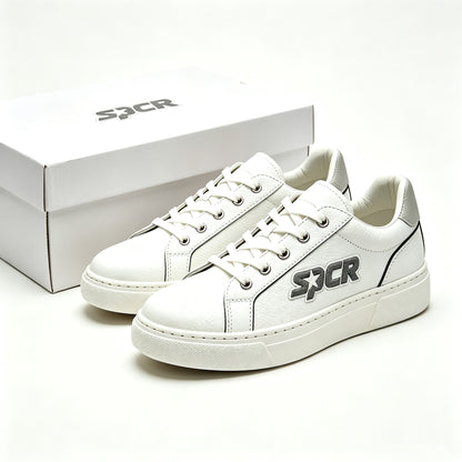 SPCR Men's Classic White Sneakers, Thick Sole Heightening Casual White Shoes, Leather Wear-resistant Low-top Lace-up Daily Commute Skate Shoes