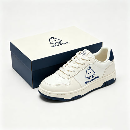Biscuithe Women's Low Top Casual Sneakers, Classic White Navy Lace-up Board Shoes, Comfortable Walking Flat Shoes for Daily Wear