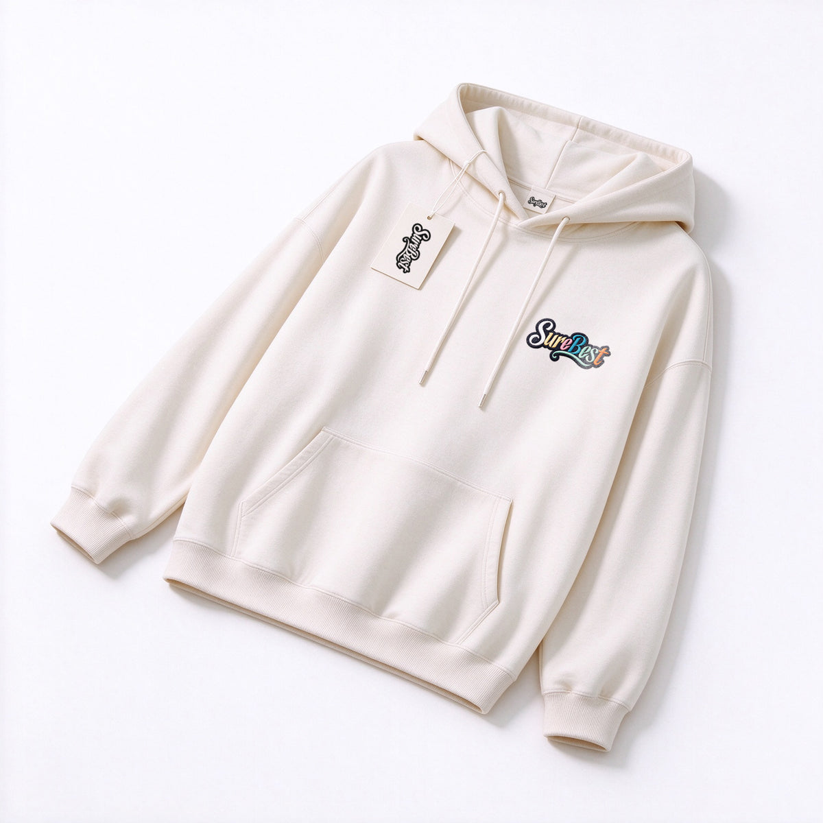 SureBest Oversized Hoodie for Men Women, Casual Long Sleeve Pullover Hooded Sweatshirt with Front Pocket, Cream White Graphic Hoodie Streetwear