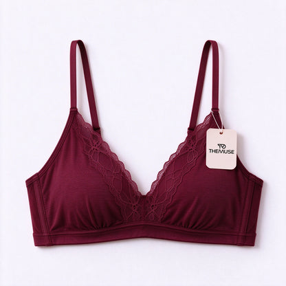 THEMUSE Underwear for Women, Wireless V-Neck Lace Bra, Soft Breathable Padded Everyday Underwear with Adjustable Straps