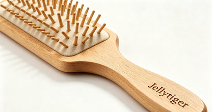 Jellytiger Wooden Paddle Hair Brush, Beech Wood Cushion Hairbrush with Round Wooden Bristles, Detangling Scalp Massage Air Cushion Comb