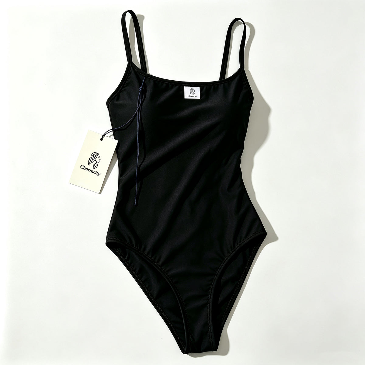Charmcity Women's One Piece Swimsuit, Square Neck Thin Spaghetti Straps Bathing Suit, Classic Black Slim Fit Swimwear for Beach Pool