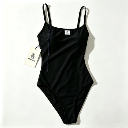 Charmcity Women's One Piece Swimsuit, Square Neck Thin Spaghetti Straps Bathing Suit, Classic Black Slim Fit Swimwear for Beach Pool