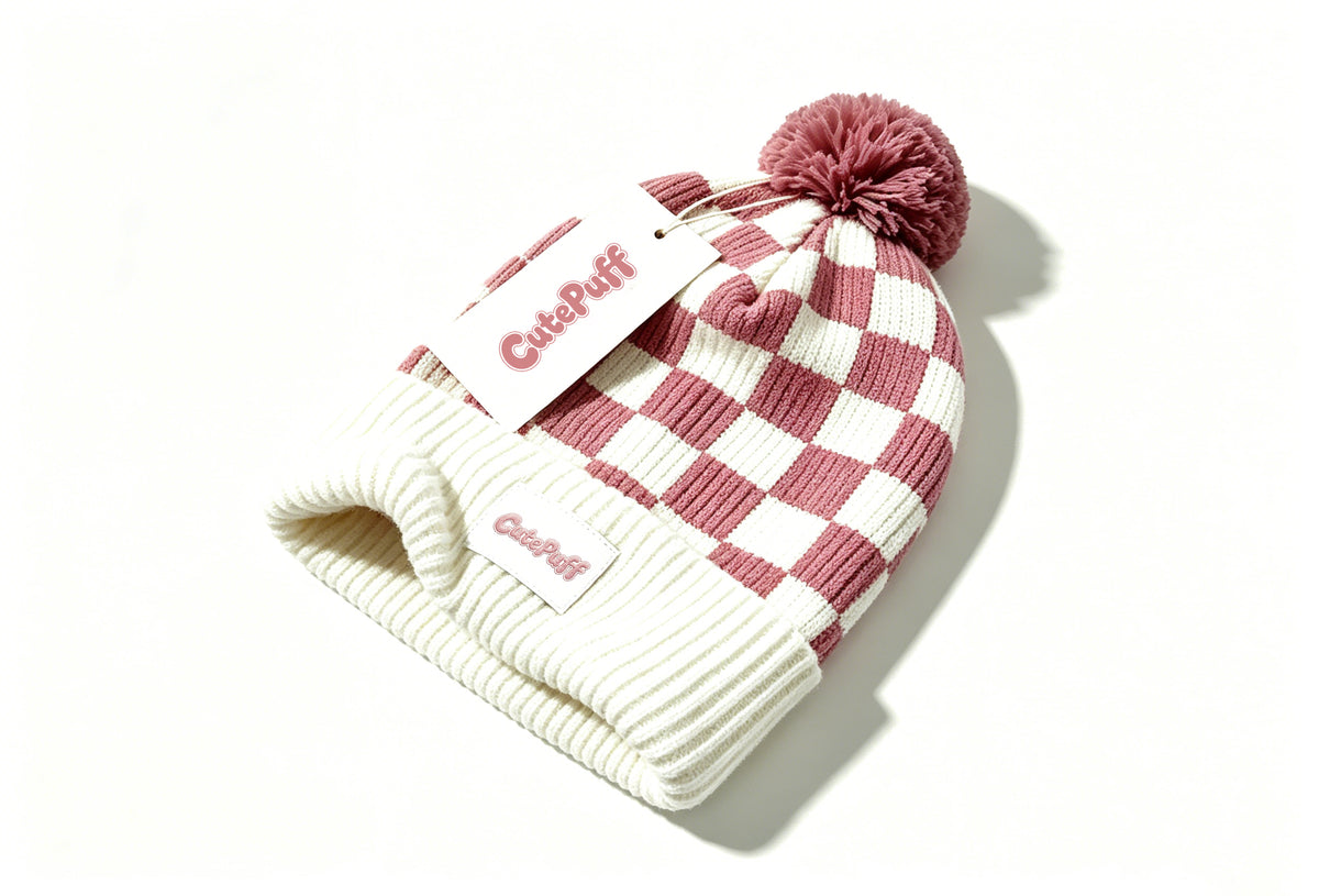 CutePuff Checkered Pom Pom Beanie Hat, Soft Knit Winter Cuffed Skull Cap, Warm Fashion Plaid Beanie for Women Daily Outdoor