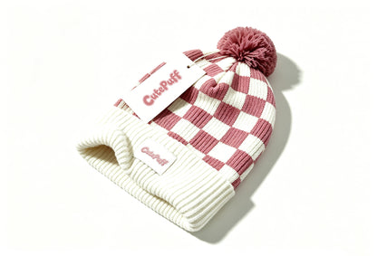 CutePuff Checkered Pom Pom Beanie Hat, Soft Knit Winter Cuffed Skull Cap, Warm Fashion Plaid Beanie for Women Daily Outdoor