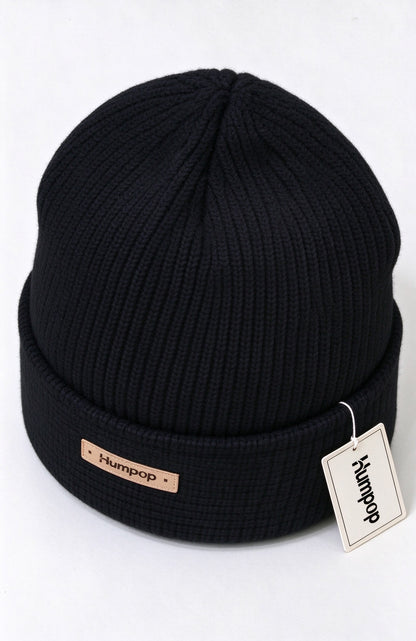 Humpop Knit Beanie Hats for Men Women, Cuffed Winter Skull Hats, Soft Stretchy Warm Cuffed Hats with Leather Patch Logo