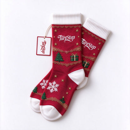 TurStep Christmas Crew Socks for Women, Festive Red Holiday Socks with Embroidery Snowflake Christmas Tree Gift Box, Soft Cotton Winter Novelty Xmas Socks