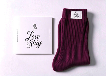 Love Stay Ribbed Crew Socks for Women, Soft Warm Mid Calf Socks, Casual Knit Socks with Leather Label