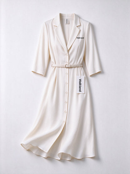Walkland Women's Lapel Midi Dress, 3/4 Sleeve Button Front Shirt Dress with Belt, Elegant Work Office Flowy Long Dress