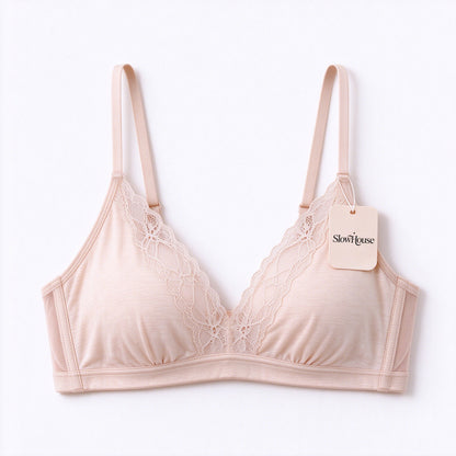 SlowHouse Women Lace Wireless Underwear Bra, Soft Lightly Lined V Neck Bralette, Adjustable Straps Back Hook Comfy Everyday Underwear