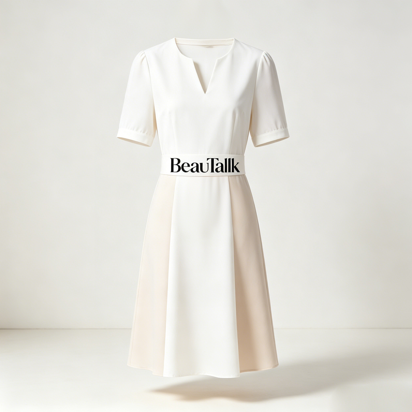 BeauTallk Women Color Block Midi Work Dress, Short Puff Sleeve Split V Neck Waist Belt Elegant Office Business Professional A Line Dress
