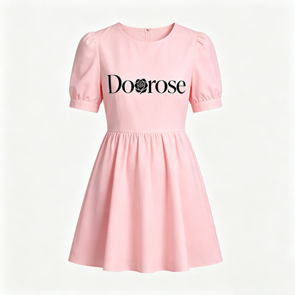 【Doorose Pink Puff-Sleeve Dress】—— Elegant & Versatile Daily Wear