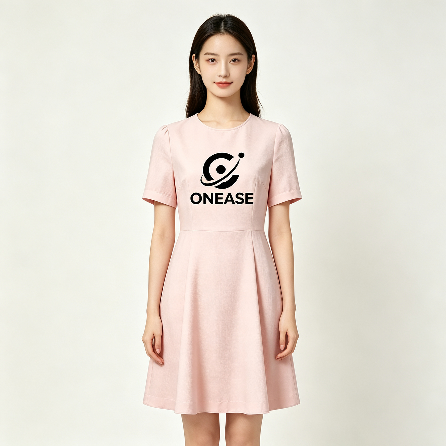 ONEASE Blush Pink Short Sleeve A-Line Mini Dress, Crew Neck Flared Work Casual Office Knee Length Dress for Women