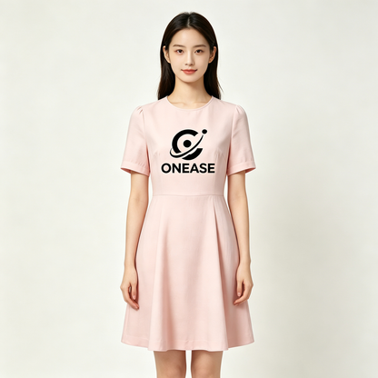 ONEASE Blush Pink Short Sleeve A-Line Mini Dress, Crew Neck Flared Work Casual Office Knee Length Dress for Women