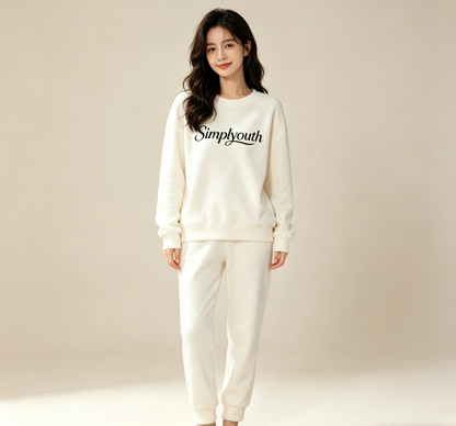 Simplyouth Women’s 2 Piece Loungewear Sleepwear Set, Crew Neck Long Sleeve Sweatshirt & Jogger Pants Soft Brushed Fleece Pajamas, Loose Fit Casual Home Outfit for Sleeping & Daily Indoor Wear