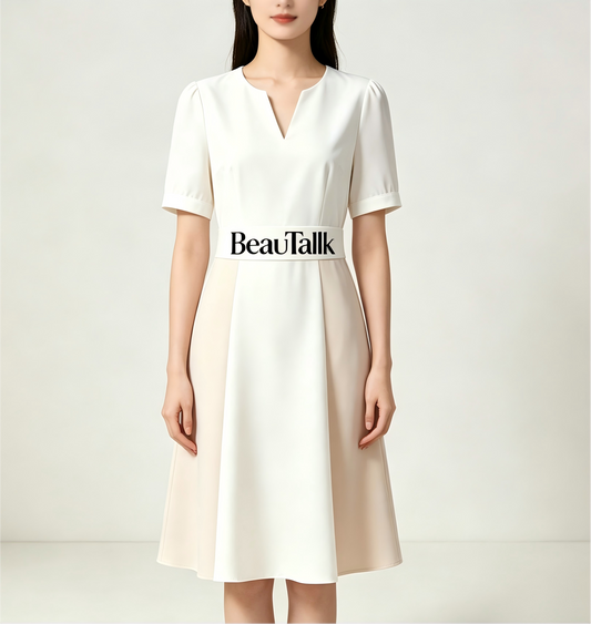 BeauTallk Women Color Block Midi Work Dress, Short Puff Sleeve Split V Neck Waist Belt Elegant Office Business Professional A Line Dress