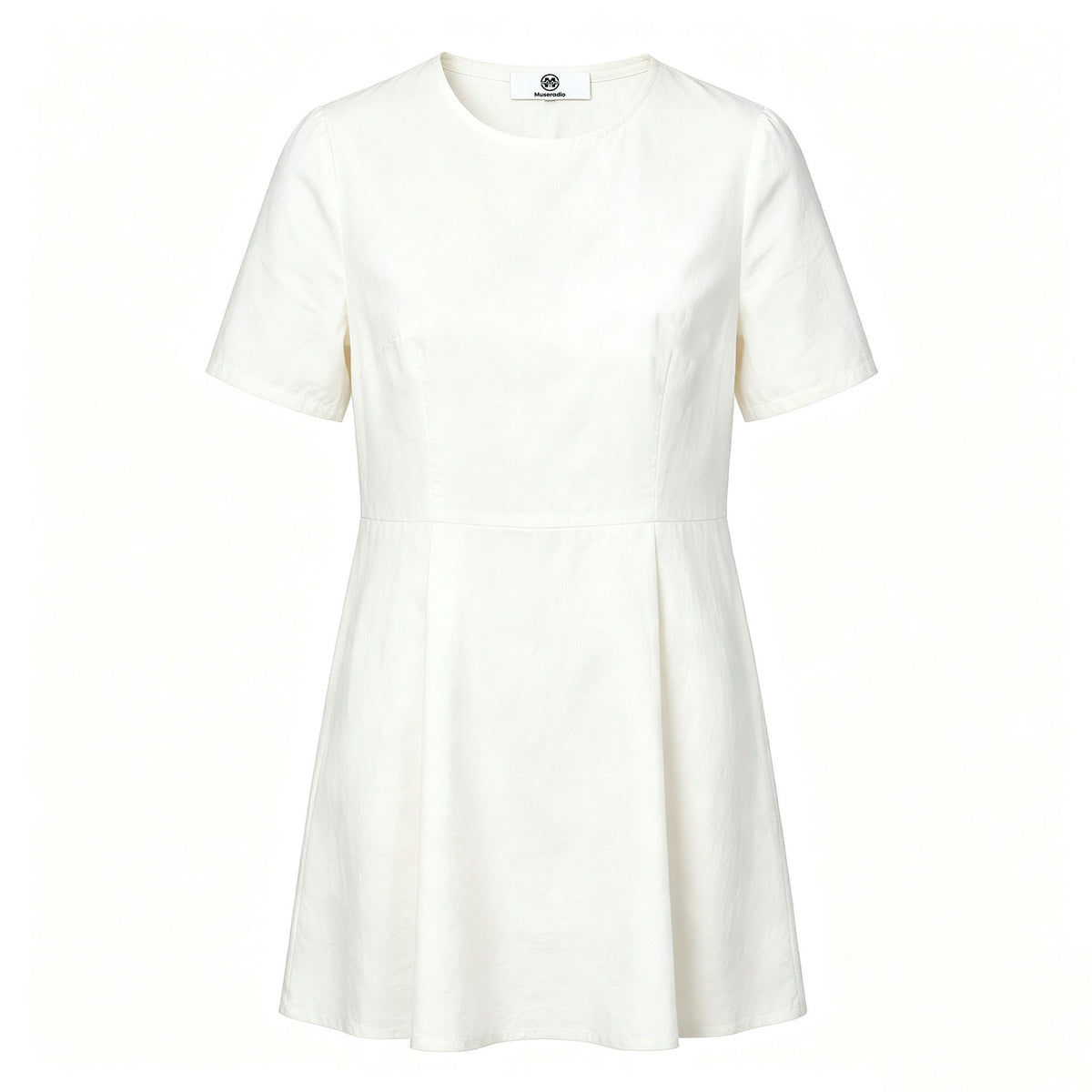 Museradio Solid White Crew Neck A‑Line Mini Dress, Summer Short Sleeve Slim‑Fit Flared Skater Dress For Women