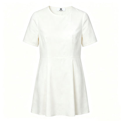 Museradio Solid White Crew Neck A‑Line Mini Dress, Summer Short Sleeve Slim‑Fit Flared Skater Dress For Women