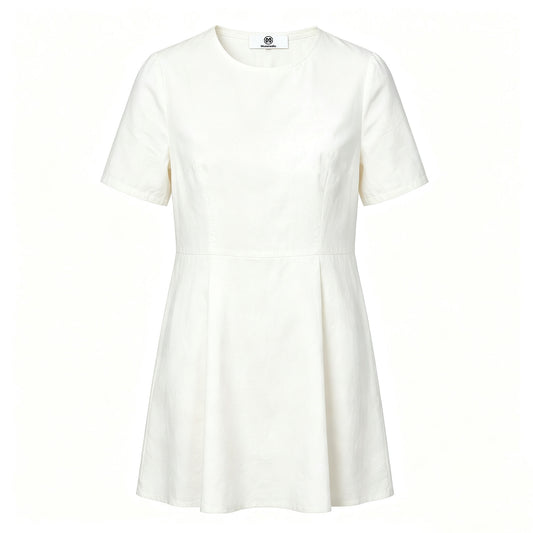 Museradio Solid White Crew Neck A‑Line Mini Dress, Summer Short Sleeve Slim‑Fit Flared Skater Dress For Women