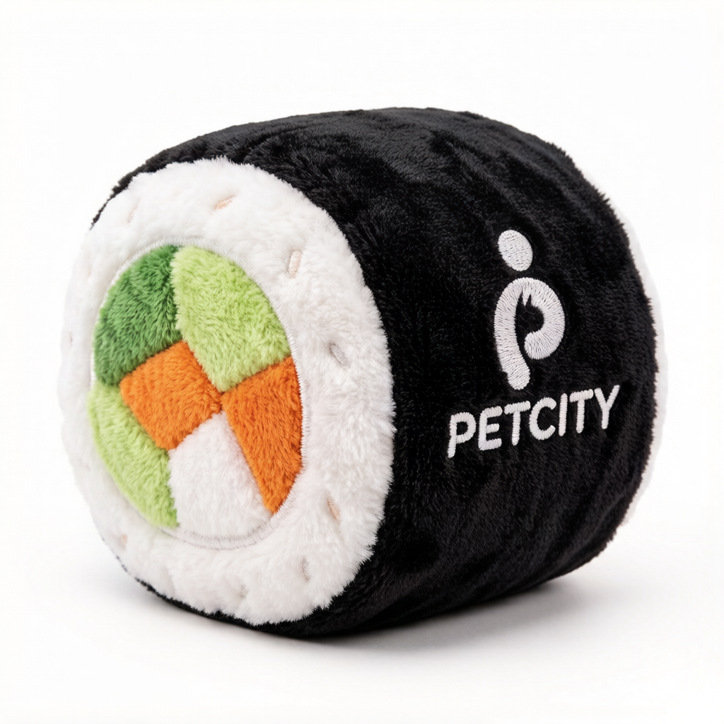 P PETCITY Sushi Roll Plush Dog Toy, Interactive Squeaky Pet Chew Toy, Cute Soft Stuffed Food Shape Toy for Small Medium Large Dogs, Durable Teething Relief Puppy Toy