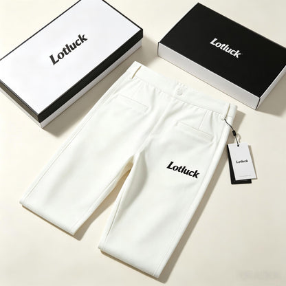 Lotluck Men's White Wide Leg Dress Pants, Wrinkle Free Straight Leg Casual Trousers, Business Lightweight Stretch Suit Pants with Brand Printed Logo