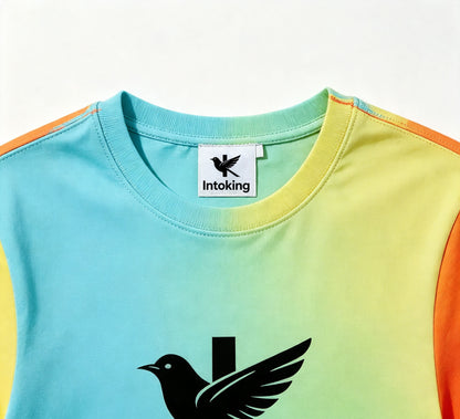 Intoking Gradient Color Short‑Sleeve T‑Shirts Crew‑Neck Casual Tee Shirts Fashion Bird Graphic Summer Tops for Men Women Unisex