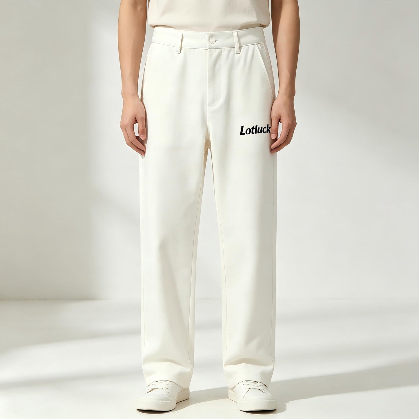 Lotluck Men's White Wide Leg Dress Pants, Wrinkle Free Straight Leg Casual Trousers, Business Lightweight Stretch Suit Pants with Brand Printed Logo