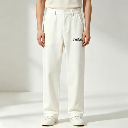Lotluck Men's White Wide Leg Dress Pants, Wrinkle Free Straight Leg Casual Trousers, Business Lightweight Stretch Suit Pants with Brand Printed Logo