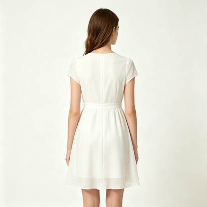 Matterose Women White Cap Sleeve Chiffon Mini Dress High Waist Flowy Summer Casual A-Line Dress