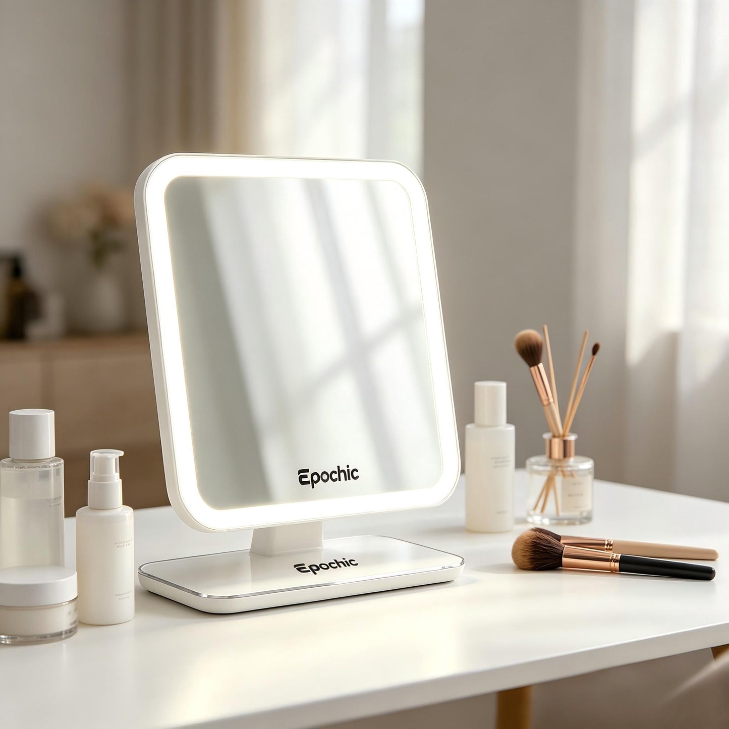 Epochic LED Makeup Mirror, Mirrors Enhanced by Electric Lights with Touch Control, Rechargeable Dimmable Lighted Vanity Mirror, 360° Rotation Tabletop Cosmetic Mirror for Bedroom Dresser