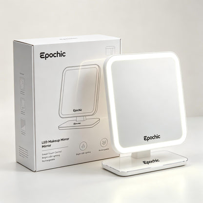 Epochic LED Makeup Mirror, Mirrors Enhanced by Electric Lights with Touch Control, Rechargeable Dimmable Lighted Vanity Mirror, 360° Rotation Tabletop Cosmetic Mirror for Bedroom Dresser