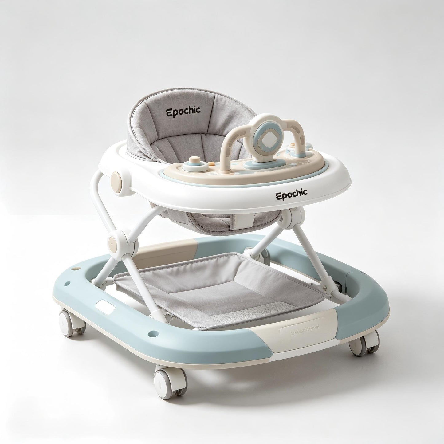 Epochic Foldable Anti-Rollover Baby Walker, Adjustable Height Baby Activity Walker with Music Play Tray, Non-Slip Base Comfort Padded Seat, Toddler Learning Walking Toy for Infants