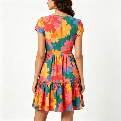 Gainpretty Women’s Floral Print Short Sleeve Dress, Casual Tiered A-Line Mini Dress, Summer Swing Dress for Beach, Party & Daily Wear