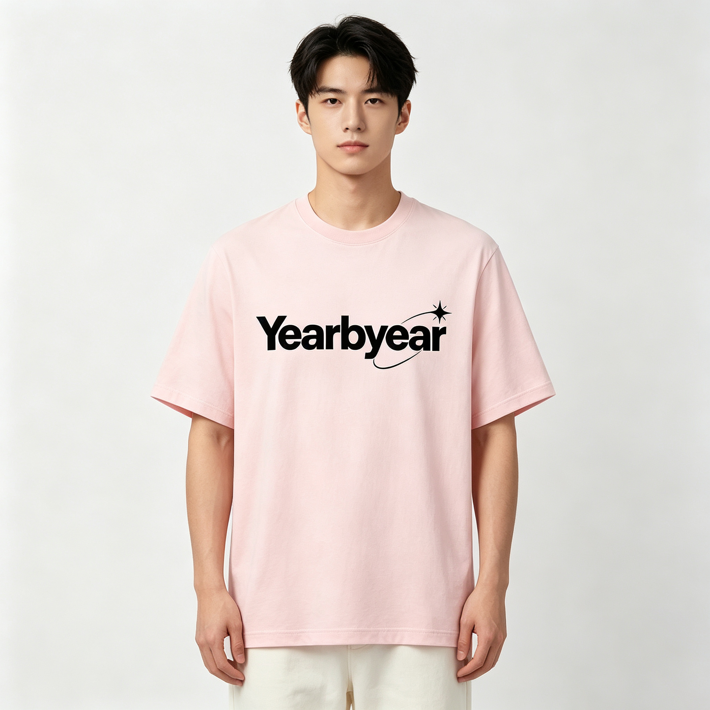 Yearbyear Crew Neck Graphic Short Sleeve T-Shirt, Light Pink Loose Fit Casual Tee, Soft Breathable Streetwear Top, Fashion Letter Print Everyday T-Shirt For Sports Dating Daily Outfit