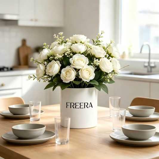 FREERA Artificial White Rose Flowers with Vase, Fake Rose Bouquet, Nordic Style Decorative Centerpiece for Home, Kitchen, Office
