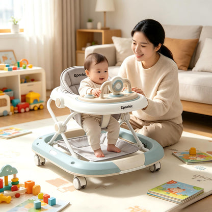 Epochic Foldable Anti-Rollover Baby Walker, Adjustable Height Baby Activity Walker with Music Play Tray, Non-Slip Base Comfort Padded Seat, Toddler Learning Walking Toy for Infants
