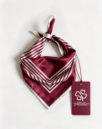 Allittle Satin Neck Scarf for Women, Burgundy White Striped Decorative Bandana, Retro Square Neckerchief for Outfit Accessory