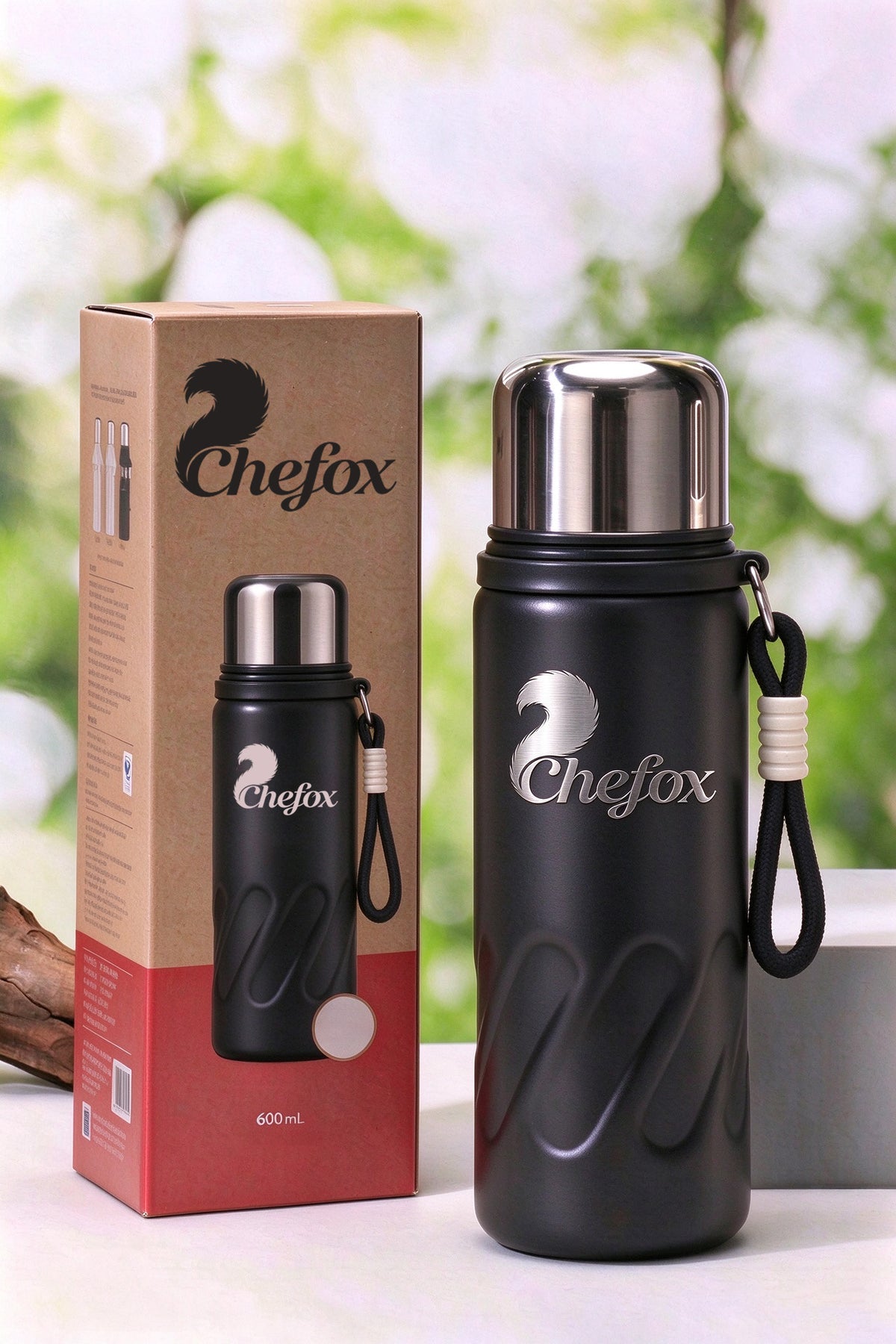 Chefox 600ml Stainless Steel Vacuum Insulated Mugs, Leak Proof Travel Thermos with Carry Strap, Double Wall Reusable Thermal Flask for Outdoor Camping Hiking