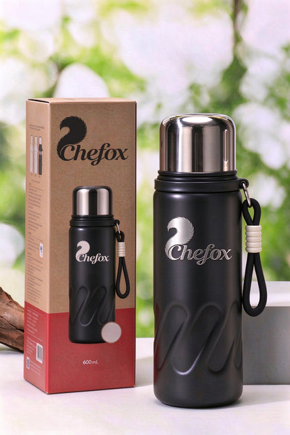 Chefox 600ml Stainless Steel Vacuum Insulated Mugs, Leak Proof Travel Thermos with Carry Strap, Double Wall Reusable Thermal Flask for Outdoor Camping Hiking
