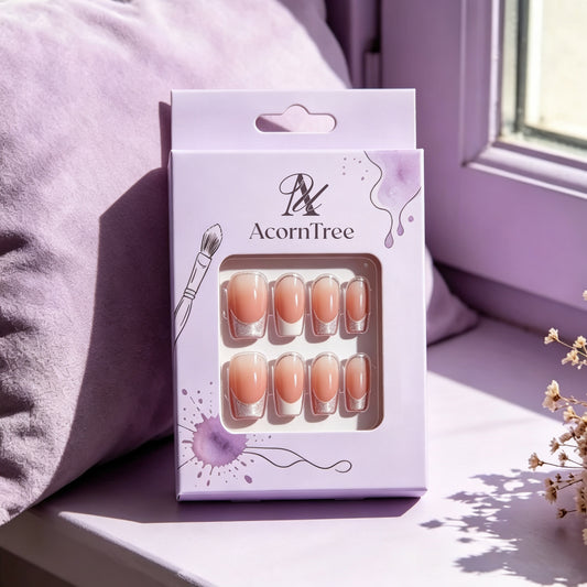 AcornTree Nude Glitter French Press On Nails, Medium Coffin Fake Nails, Reusable Stick On Nail for Women Daily Party Wear