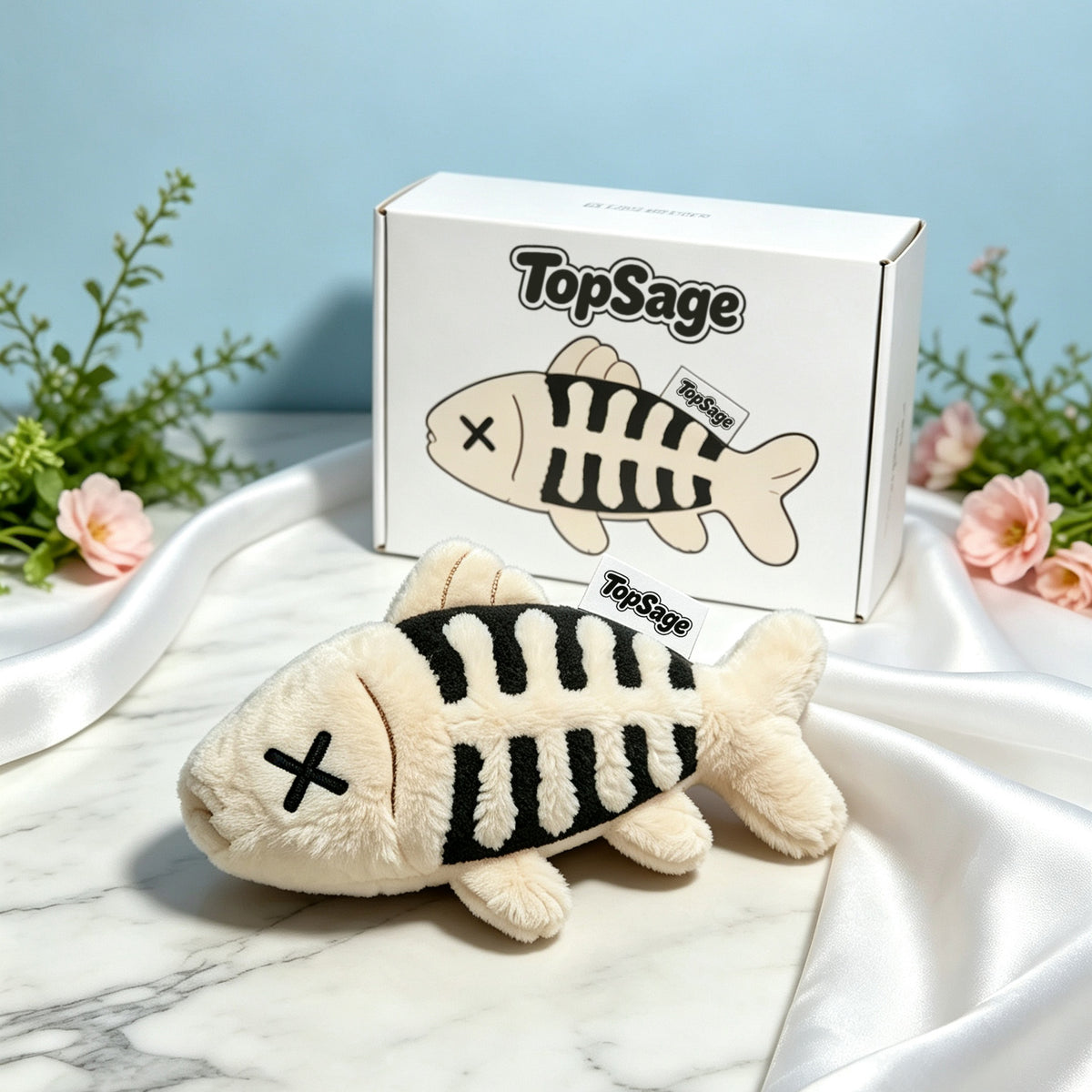 TopSage Fish Skeleton Plush Dog Toy, Squeaky Stuffed Fish Bone Puppy Chew Toy, Soft Interactive Pet Toy for Small Medium Dogs with Gift Box